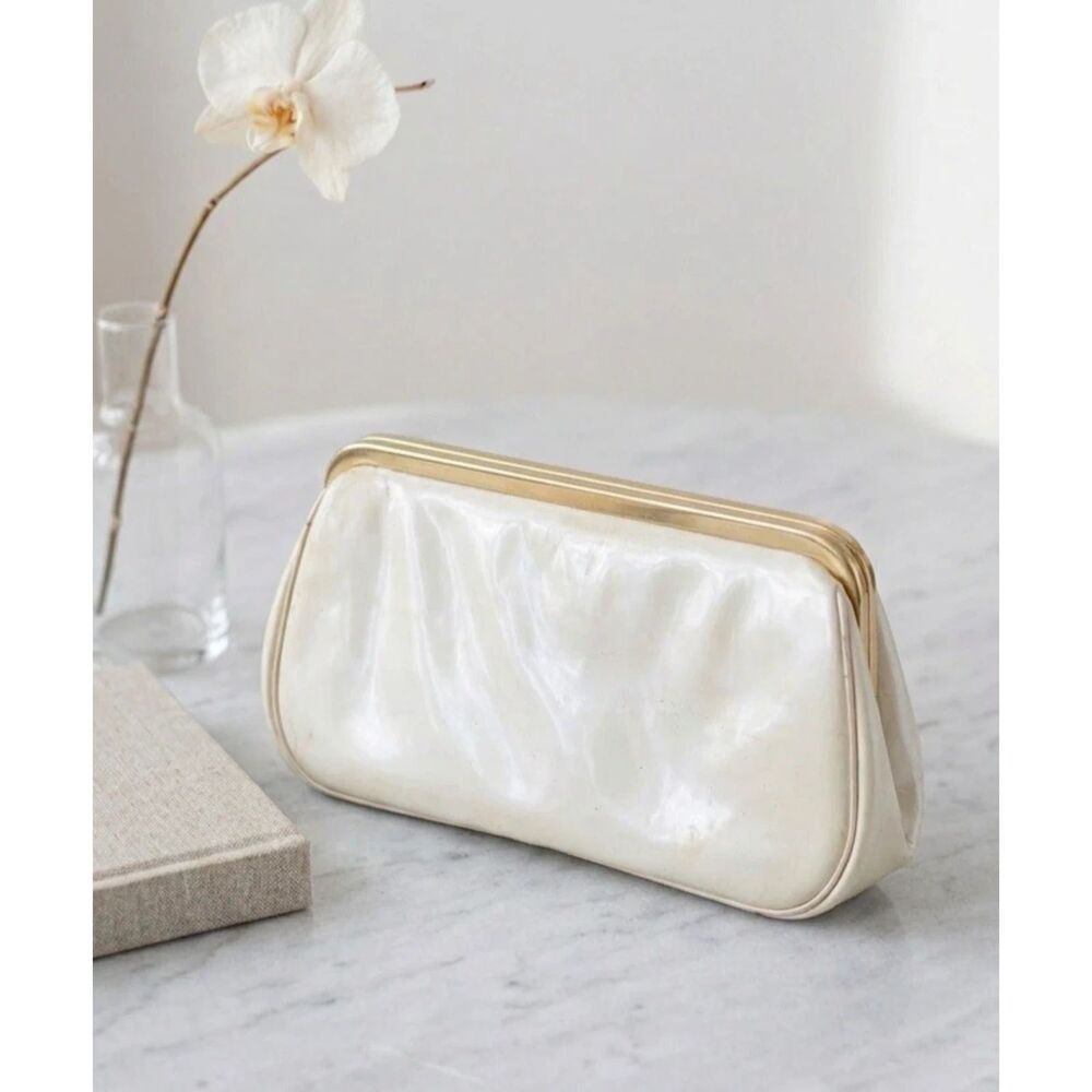 BLOCK White Patent Leather Purse Clutch Envelope Snap Close Lined Zip Pocket